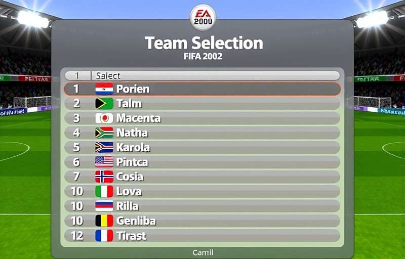 FIFA 2002 World Cup team selection screen showing various national teams