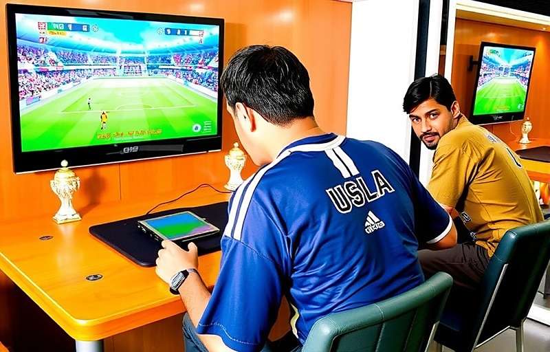 Indian gamers playing FIFA 2002 World Cup in a gaming cafe