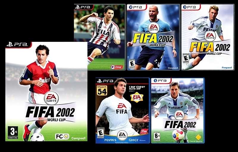 FIFA 2002 World Cup alongside other FIFA game covers showing the evolution of the series